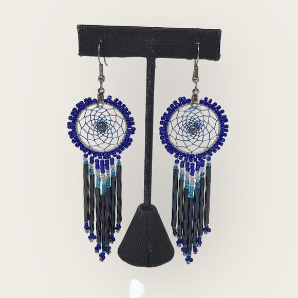 Indian Hand Made NWT Blue Sterling Silver Earrings Dreamcatcher Beaded - Picture 2 of 5